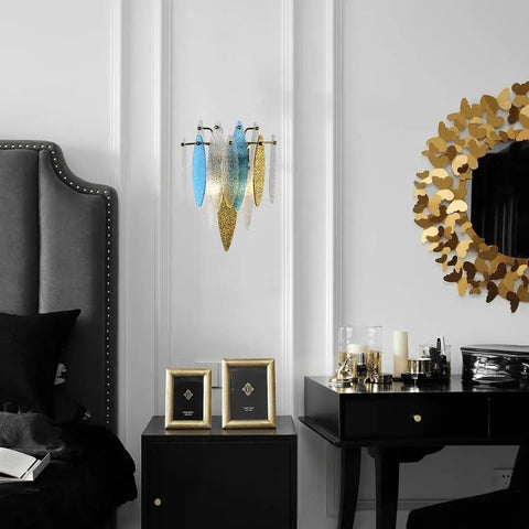 Mid Century Modern Boho Crystal Wall Sconce Golden Brass Adjustable Retro Wall Lamp in chic bedroom setting, gold crystal design.
