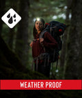 Hiker in forest wearing Rechargeable LED Headlamp With Dual Color White And Red Beam, 435 Lumen Output, USB Charging, Power Lockout Prevents Accidental Power On, Includes Recharging Accessories For Easy On The Go Lighting, demonstrating weatherproof feature