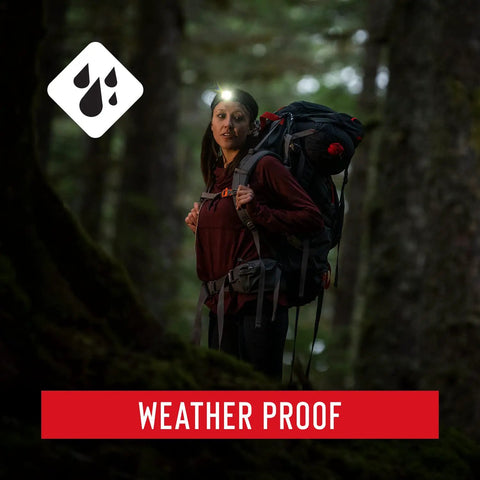Hiker in forest wearing Rechargeable LED Headlamp With Dual Color White And Red Beam, 435 Lumen Output, USB Charging, Power Lockout Prevents Accidental Power On, Includes Recharging Accessories For Easy On The Go Lighting, demonstrating weatherproof feature