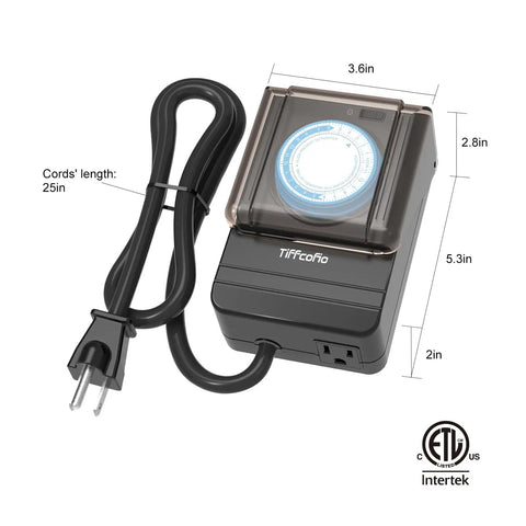 Heavy Duty Waterproof Mechanical Outdoor Timer Outlet Featuring Dual Grounded Plug In Sockets For Foolproof Daily Yard Garden And Patio Auto Lighting Schedule Setup with 25in cord.