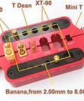 Slick Aluminum Soldering Station And Welding Jig Plate For Rc Builders, red connector jig with XT60, XT90, and T Dean terminals.