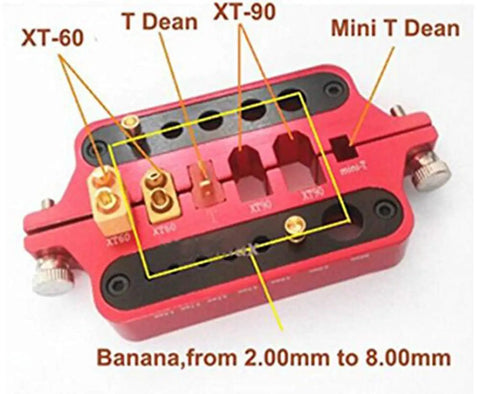 Slick Aluminum Soldering Station And Welding Jig Plate For Rc Builders, red connector jig with XT60, XT90, and T Dean terminals.