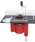 Heavy Duty Router Table Lift Kit With Precision Hand Crank Handle and Smooth Adjustable Base Plate, featuring sturdy metal frame and red base.