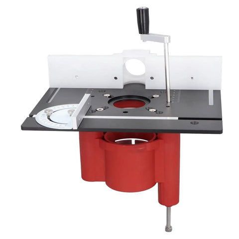 Boss Level Router Table Saw With Quick Turn Lift Kit And Reinforced Insert Base showing lift assembly and clamping fence components.
