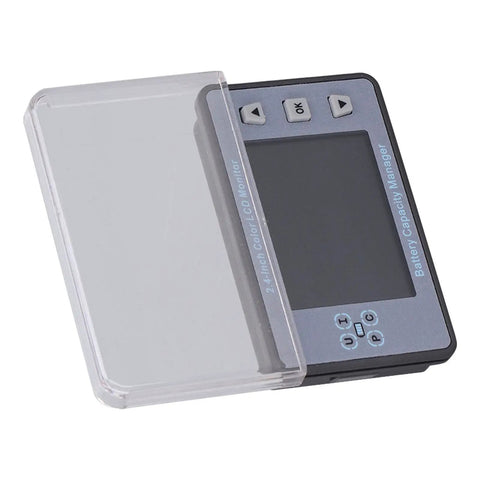 Wireless Battery Monitor With Smart Hall Sensor Tech And Dead Simple Install Featuring A Snappy 2.4 Inch Color LCD Screen For Rock Solid Power Tracking Up To 500 Volts, displaying LCD screen with protective cover.