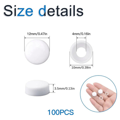 White Plastic Screw Covers For M4 Screws 100 Pack Dome Caps with size details showing dimensions and shapes of caps and gaskets.
