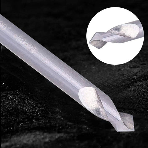 Side view of HRC 55 tungsten steel spot drill with dual-flute tip; inset shows close-up of the sharp center-point tip.