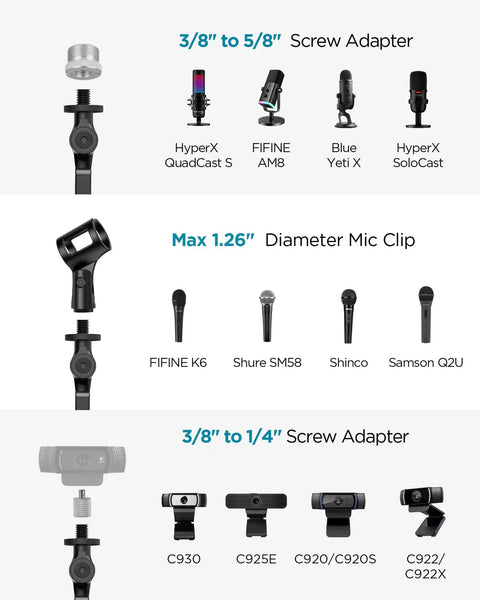 Heavy Duty Studio Mic Arm Stand For Desktop With Solid Steel Base, showing adapters for HyperX, FIFINE, Blue Yeti, and webcam models