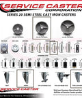 Service Caster Series 20 semi steel cast iron casters with swivel threaded stem, 4-inch wheels, and total lock brake options chart.