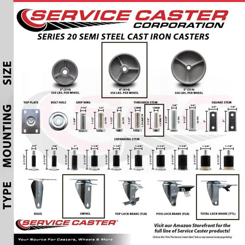 Service Caster Series 20 semi steel cast iron casters with swivel threaded stem, 4-inch wheels, and total lock brake options chart.