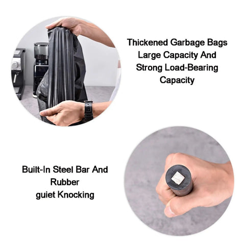 Ultra Heavy Duty Floor Standing Espresso Knock Box For Commercial Shops And Home Bars Hella Rock Solid Build Three Piece Snap Fit Design Super Fast Coffee Grounds Cleanup, showing thick garbage bag and built-in steel bar.