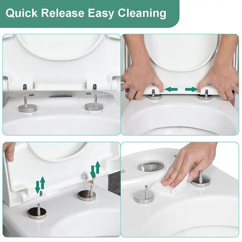 Square Toilet Seat Featuring Elongated 18.5 Inch Profile And Smooth Soft Close Lid showing quick release installation and easy cleaning methods.