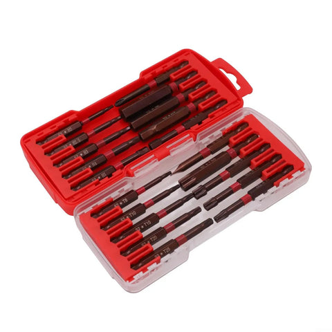 Top Notch 20-Piece Screwdriver Bits Set With Storage Box Featuring Magnetic Drill Bit Holder Kit For Torx Star Hex And Slotted Flat Head Driver Assortment Built To Last Heavy Duty Metal Construction Perfect For Any Handyman Job. 20-piece bits in red plastic storage box