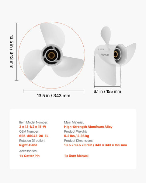 Beefed-Up Aluminum Corrosion-Resistant Outboard Propeller For Yamaha 60-130 HP, 3-blade propeller with dimensions and specs