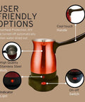 Electric Turkish Coffee Pot Kettle With Cool Touch Handle And Stainless Steel Body Travel Size 0.3L Fast Boil In Minutes And Keeps Water Boiling For Arabic Greek Coffee And Tea Red shown with user-friendly options