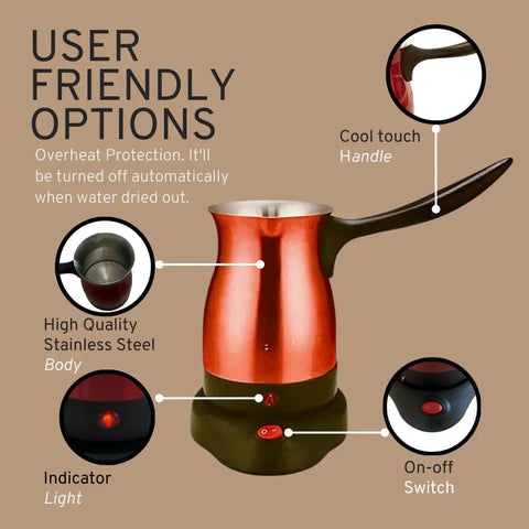 Electric Turkish Coffee Pot Kettle With Cool Touch Handle And Stainless Steel Body Travel Size 0.3L Fast Boil In Minutes And Keeps Water Boiling For Arabic Greek Coffee And Tea Red shown with user-friendly options