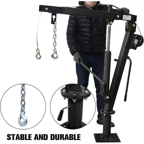 Built Tough Heavy Duty Folding Engine Hoist And Pickup Bed Tailgate Crane With Slick Hydraulic Winch, operator using hydraulic lever.