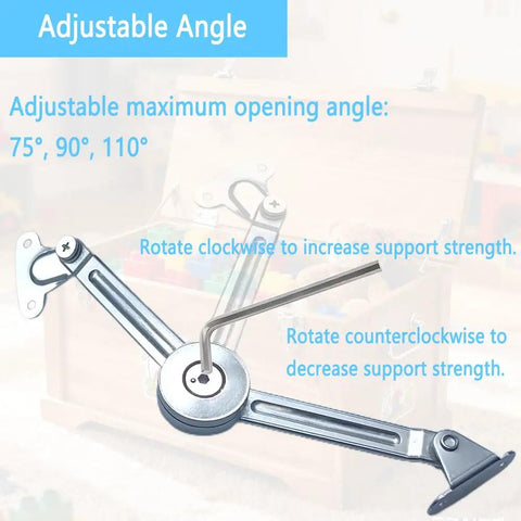 2 Pack Soft Close Toy Box Hinges With Heavy Duty Lid Support And Adjustable Tension For Wooden Boxes shown with adjustment angles