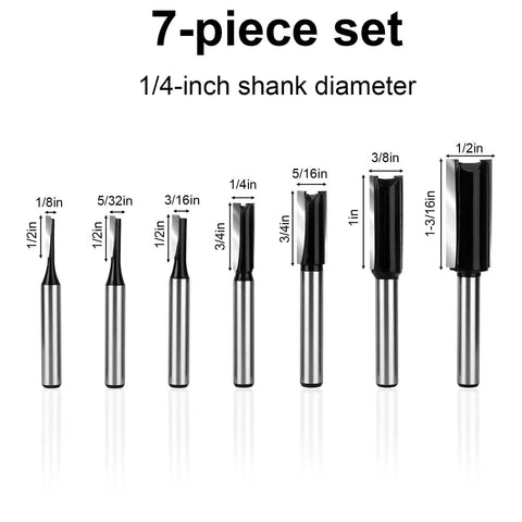 7 Piece Straight Router Bit Set With 1/4 Inch Shank Plunge Top Bearing Flush Trim Bits For DIY Woodworking, 1/8-1/2 in