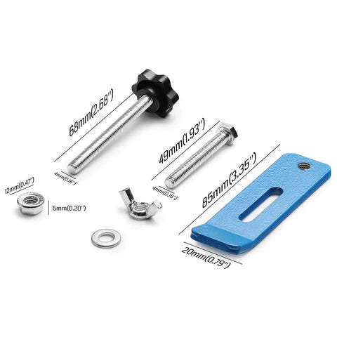 Four Pack Hold Down Clamp Kit For CNC Routers, Built Tough For Woodworking And Metalworking, shown with bolts and measurements