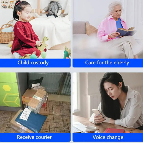 Four scenarios: child playing with toy, elderly woman reading, receiving courier packages, woman using smartphone indoors.