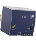 Heavy Duty DIN Rail Switching Power Supply 24V DC Output With Wide 100 To 240V AC Input showing connectors and cooling features.