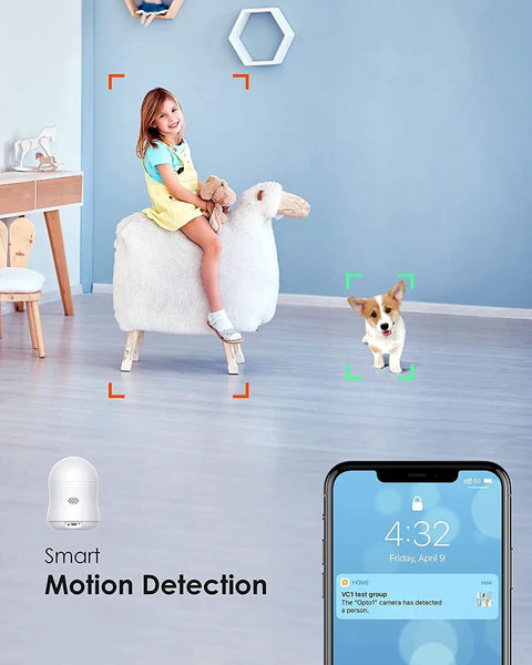 Indoor Security Camera 1080P Pan Tilt IP Camera With Night Vision and Two Way Audio Ideal for Home Security Baby Monitor and Pet Watching Works With Apple HomeKit showing motion detection alert with child and dog.
