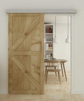 Interior view of a wooden door using a 6Ft Barn Door Sliding Hardware Kit Aluminum Alloy Box Rail Track For Interior Single Wooden Door.