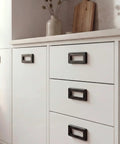 Hidden Furniture Handle Recessed Flush Door Pull Three Point Seven Five Inch Hole Center Matte Black on white cabinets