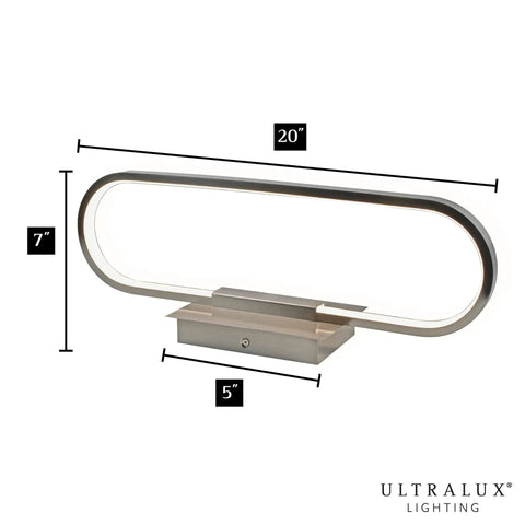 Edge Lit LED Vanity Light For Bathroom, 20 Inch Wall Mounted Modern Fixture, brushed nickel, side view with dimensions.