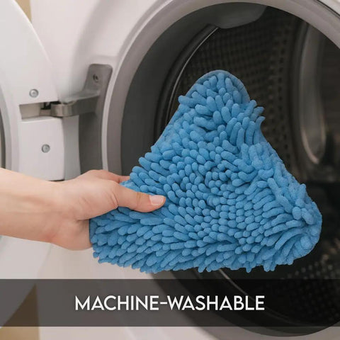 Premium Steam Pocket Replacement Mop Pads In Bright Coral For Steamboy H2O X5 S302 Machines, blue microfiber pad being loaded into washing machine.
