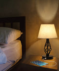 Set Of 2 Bedside Table Lamps With Dual USB Ports, Modern Nightstand Lamps With Spiral Cage Design on wooden nightstand by bed