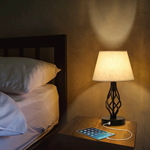 Set Of 2 Bedside Table Lamps With Dual USB Ports, Modern Nightstand Lamps With Spiral Cage Design on wooden nightstand by bed