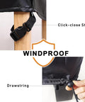 Close-up of click-close strap and drawstring on Rectangular Patio Table Set Covers Waterproof Outdoor Protection 94 Long by 31 Wide by 31 High Inches Weather Resistant Garden Dining Table and Chair Cover Heavy Duty Weatherproof Protector for Backyard Patio