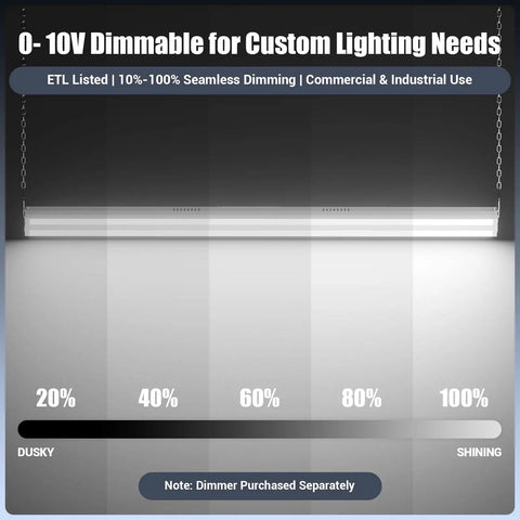 Four Pack 300W LED Linear High Bay Shop Lights with Massive 45000LM Output 5000K Daylight 120-277V Dimmable Feature Display