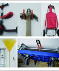Heavy Duty Wall Mount Garage Hooks 4 Pack Set Double U Hook Organizer holding scooter, hammer, tool cart, ladder, and cart.