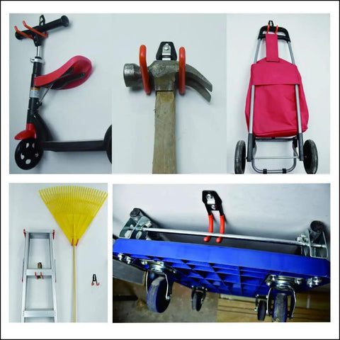 Heavy Duty Wall Mount Garage Hooks 4 Pack Set Double U Hook Organizer holding scooter, hammer, tool cart, ladder, and cart.