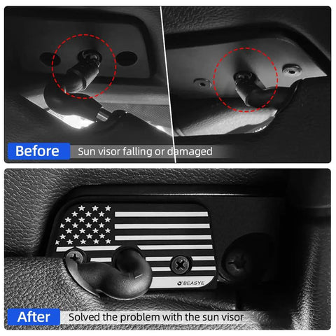 Comparison of before and after using Upgrade Aluminum Sun Visor Clips For Jeep Wrangler JK 2018 JL 2018 2023 Gladiator 2020 2023 Sagging Visor Repair Kit With Durable Metal Build And Easy Install Must Have Car Interior Accessory For A Smooth Ride showing visor repair with aluminum clips.
