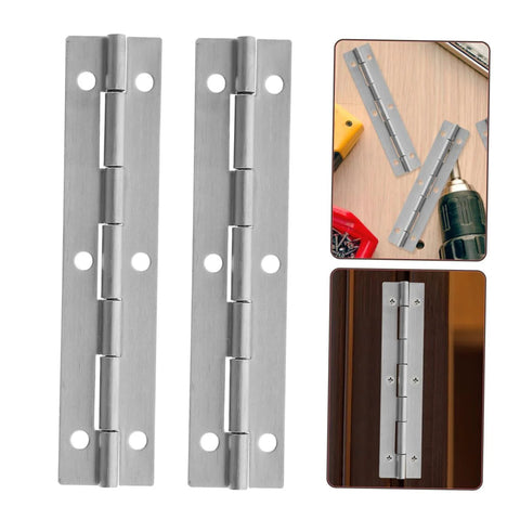 Front view of two brushed metal piano hinges with screw holes; continuous hinges for cabinets/doors