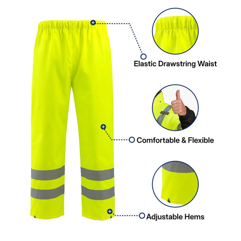 Tough As Nails High Visibility Reflective Rain Suit Set With Waterproof Jacket And Pants For Construction And Road Work Crews Featuring Sealed Seams And Breathable Polyester Shell For All Season Weather, featuring elastic drawstring waist and adjustable hems.