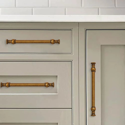 Antique brass cabinet pulls installed on kitchen cabinets, part of 2 Pack 8 Inch Center Antique Brass Cabinet Pulls Heavy Duty Solid Zinc Alloy Handles