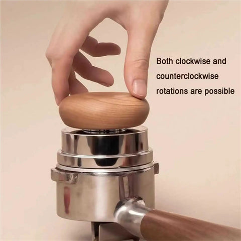 Top Shelf 58mm Espresso Tamper And Coffee Distributor Leveler Set featuring a hand holding a wooden tamper on a portafilter.