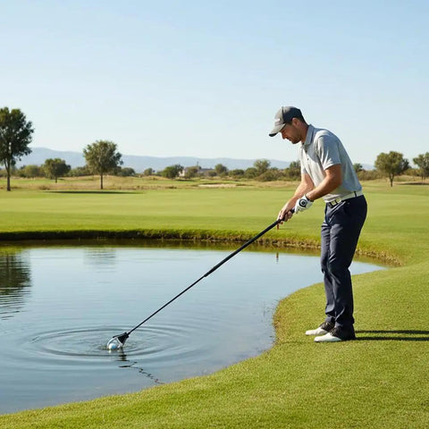 Using telescoping golf ball retriever with fifteen foot reach lightweight aluminum shaft for water hazards golf accessory.
