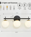 Black And Gold Lit Three Light Vanity Light Fixture For Bathroom Mid Century Modern Wall Sconce With Milky White Frosted Glass Shades Over Mirror Lighting G9 Base Durable Rust Resistant Frame, dimensions and bulb types shown.