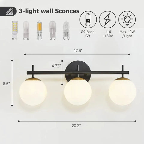Black And Gold Lit Three Light Vanity Light Fixture For Bathroom Mid Century Modern Wall Sconce With Milky White Frosted Glass Shades Over Mirror Lighting G9 Base Durable Rust Resistant Frame, dimensions and bulb types shown.