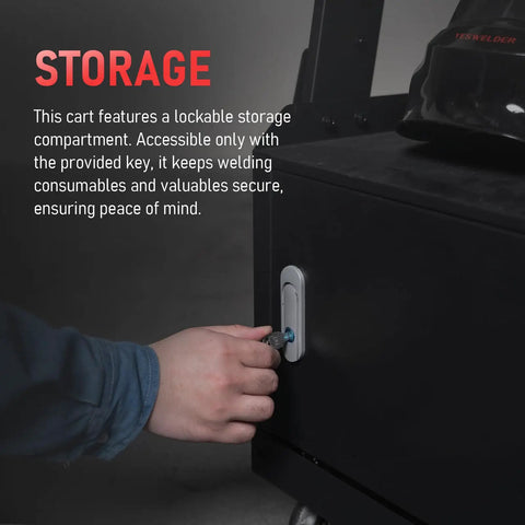 Person locking cabinet on Heavy Duty Welding Cart With Large Lockable Cabinet For MIG TIG Stick Welders And Plasma Cutters
