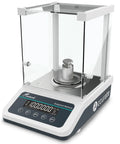 Top Notch Lab Grade Digital Analytical Balance With Auto Internal Calibration 0.1 Milligram Sensitivity And 220 Gram Capacity Fast Weighing In Under Three Seconds With RS232 Serial Port featuring a digital display and calibration weight on the pan