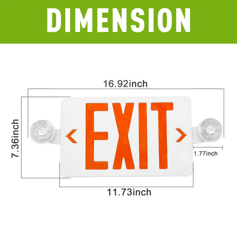 Red LED Exit Sign With Emergency Lights And Battery Backup, Dual Adjustable Head LED Lamps dimensions diagram.