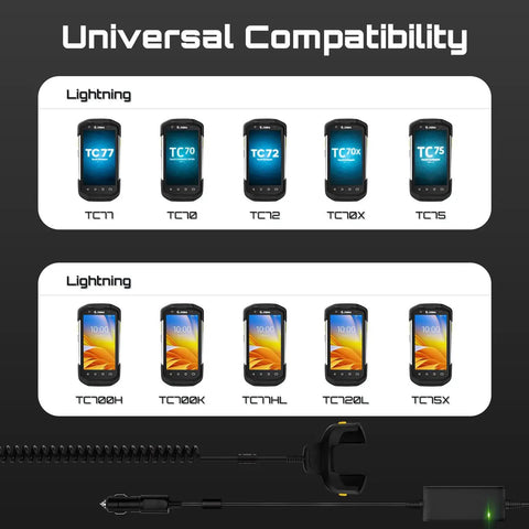 Image showing compatibility chart for scanners including TC70, TC72, TC75, TC77, and others; part of Rapid Charge Car Charger Cable For TC7x Series