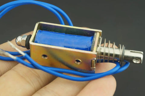 5N 12V DC Push Pull Open Frame Solenoid Electromagnet With Built In Mounting Board Miniature Spring Loaded Actuator For ATM Machines Vending Heavy Duty Industrial Use, close-up